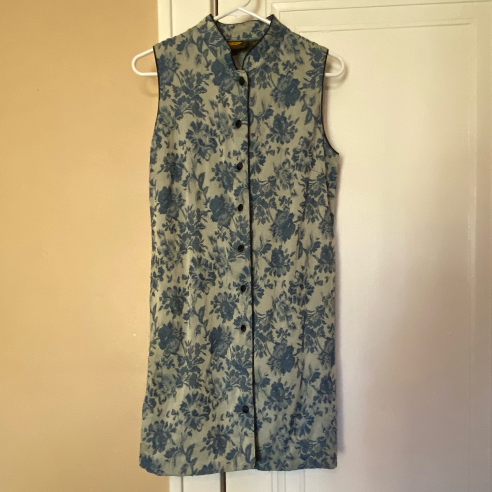 Vintage Free People green & blue brocade button front sleeveless dress Sz Large